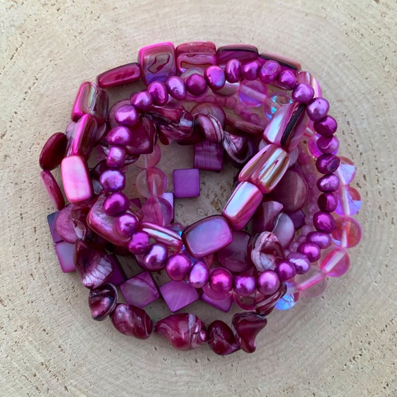 Genuine Pink Purple Freshwater Pearl & Mother Of Pearl Shell Bead Bracelets - Picture 5 of 14